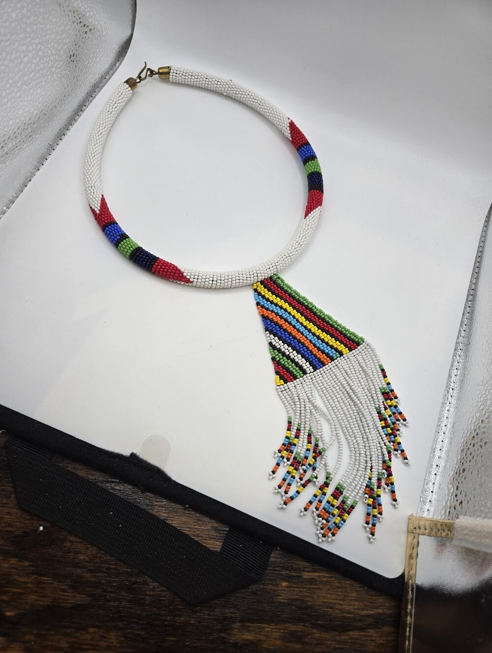 AFRICAN MAASAI TRIBAL KENYA BEADED COLLAR NECKLACE Chunky Tube Fringe Charm